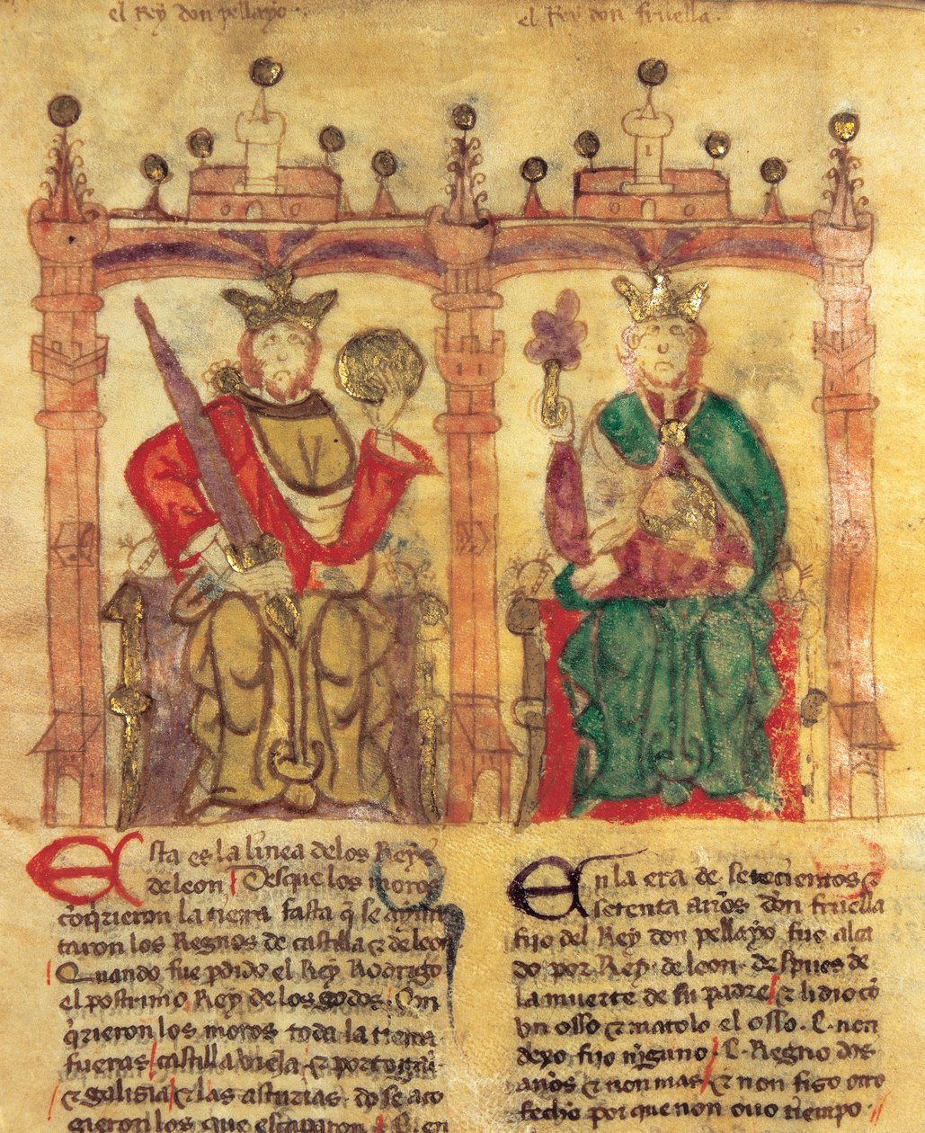 Pelagius (685-737), grundlæggeren af Asturias Kongerige og hans barnebarn Fruela I (722-68) (pigment på vellum- af Spanish School
