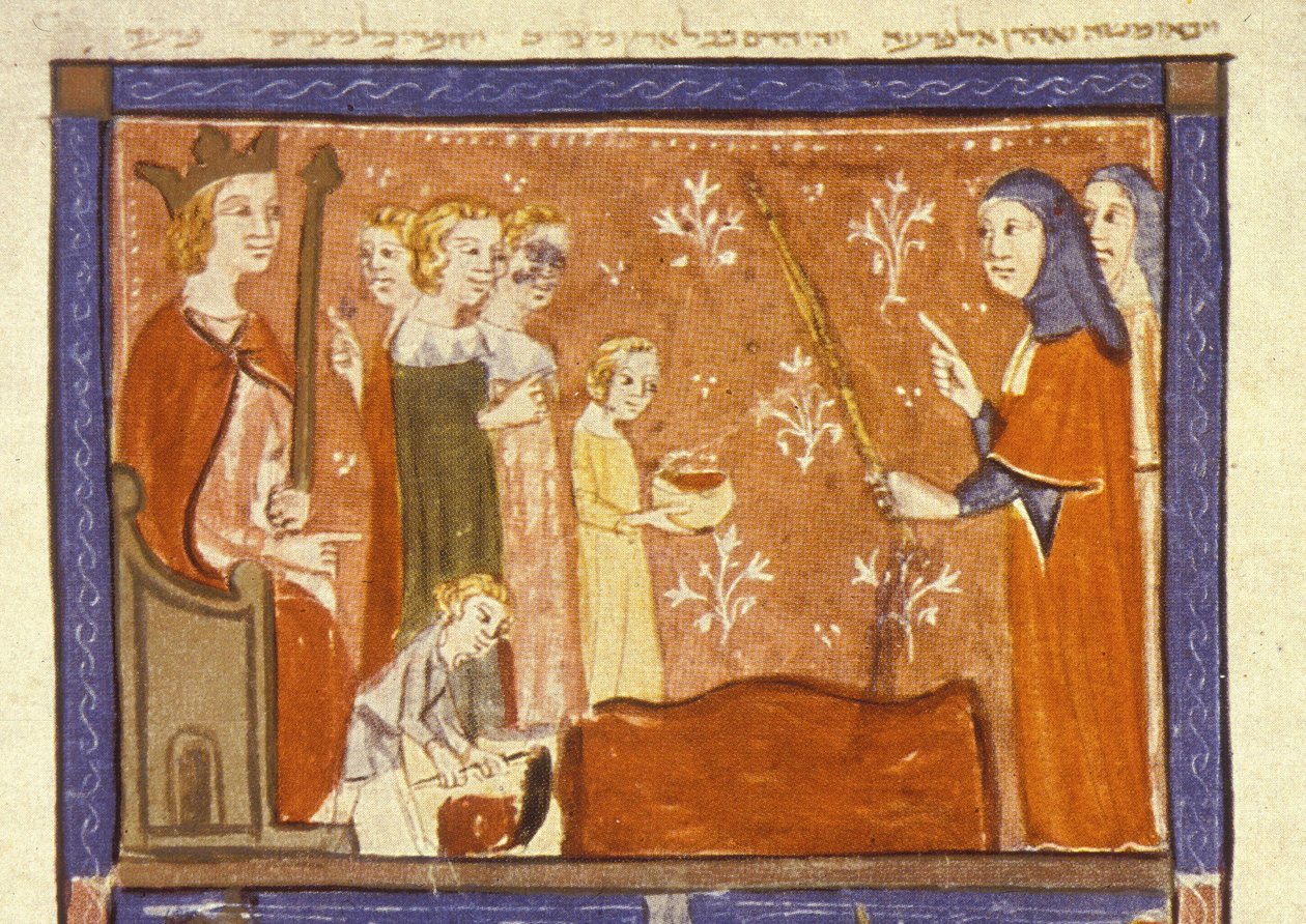 Blodpest, den første af Egyptens ti plager, illustration fra Sarajevo Haggadah af Spanish School