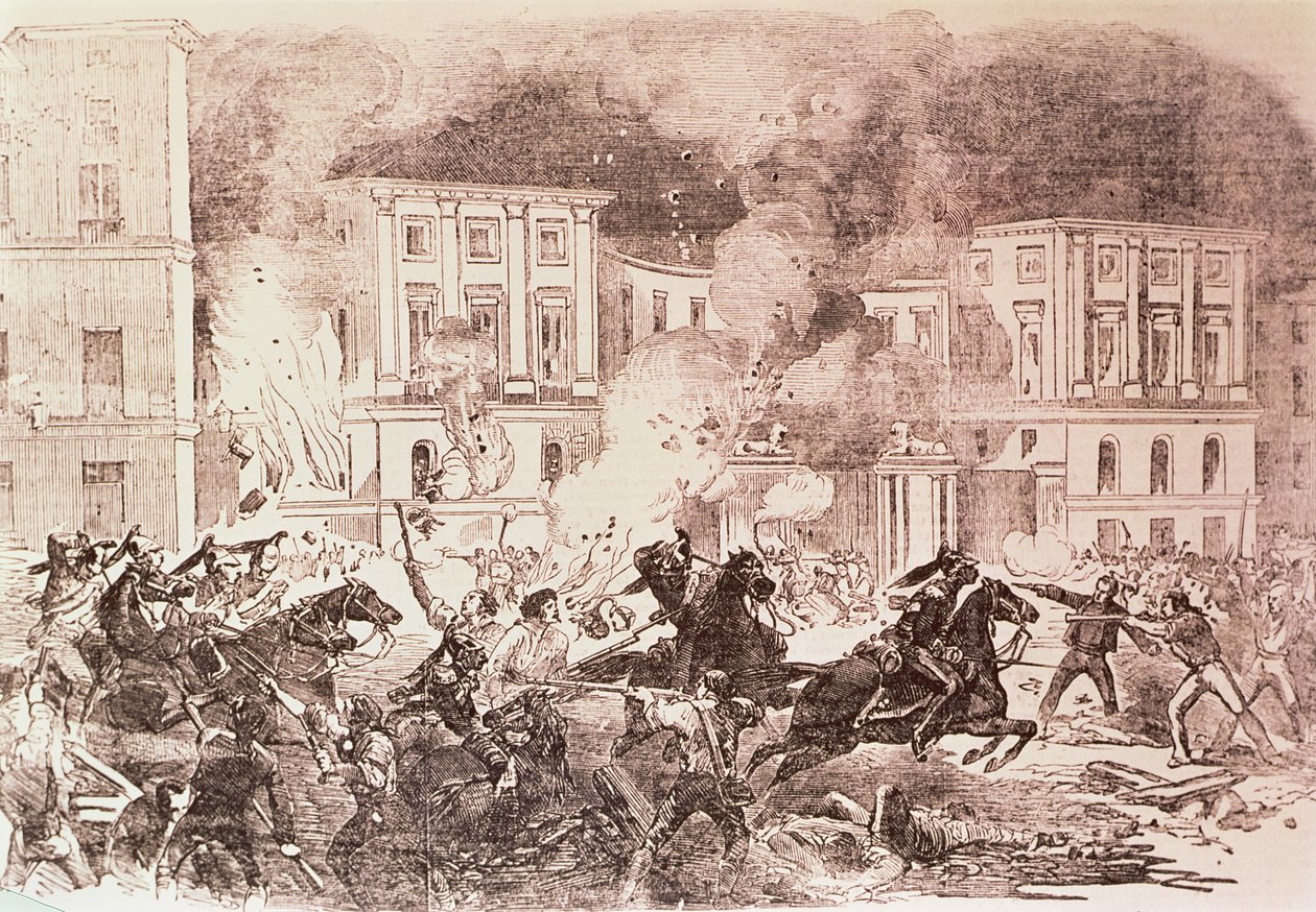 Populistiske opstande i Madrid, oprørerne forsøger at sætte ild til dronning Maria Christinas palads i 1854 (litho) af Spanish School
