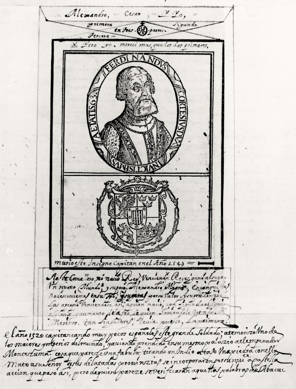 Portræt af Hernando Cortes (1485-1547) og hans arme af Spanish School