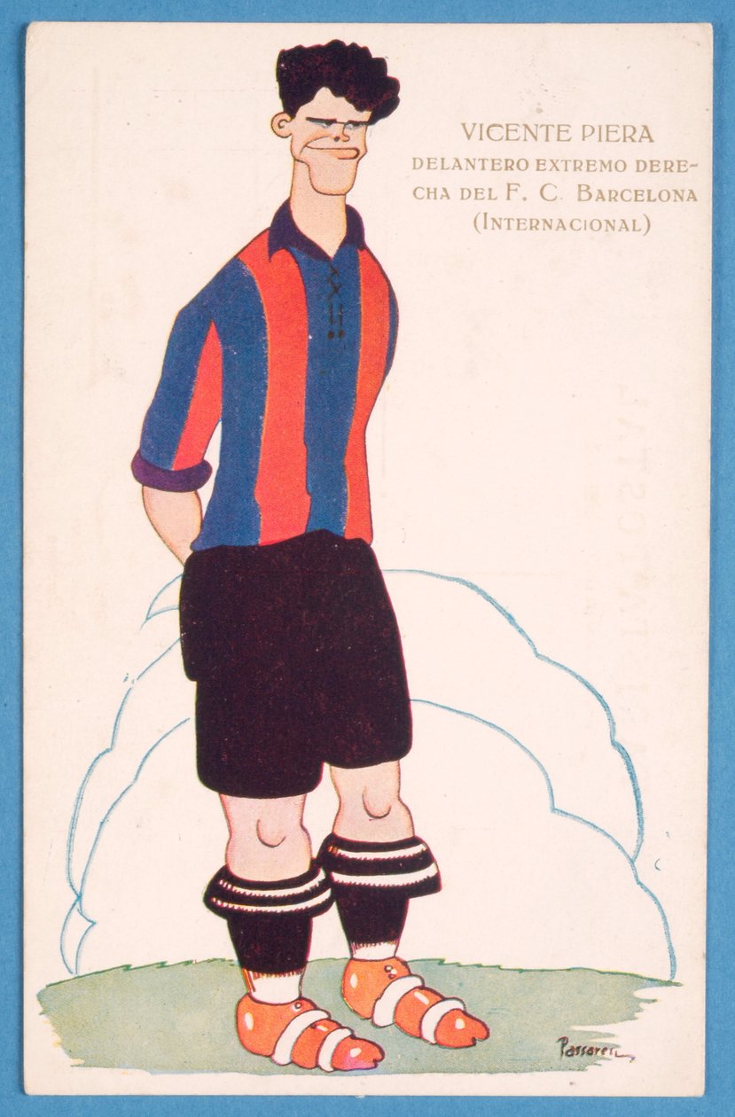 Postkort, der forestiller en karikatur af den spanske fodboldspiller Vicente Piera fra Barcelona af Spanish School