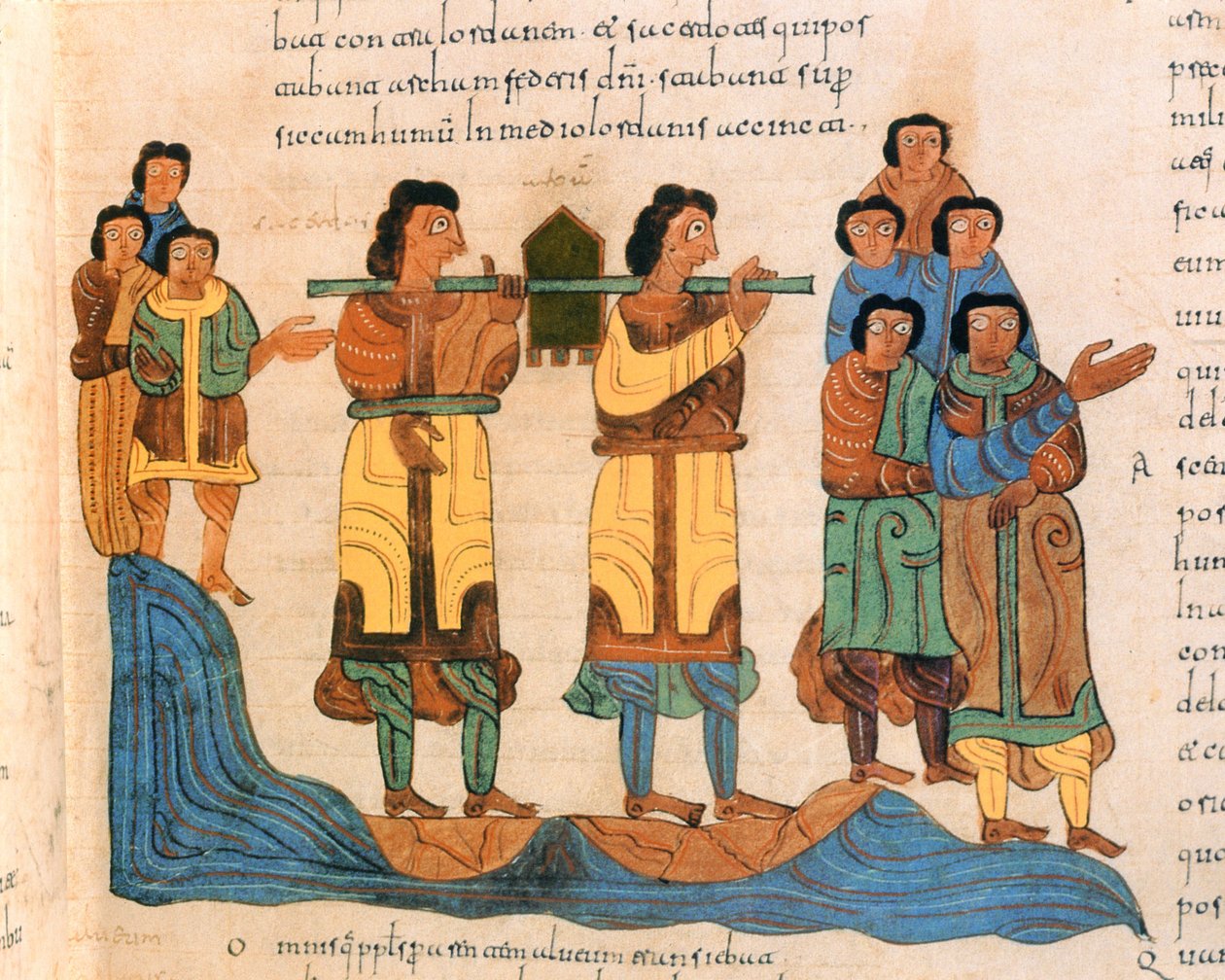 Præster bærer Pagtens Ark over floden Jordan, 2. Mosebog 16:6, fra den visigotisk-mozarabiske bibel fra St. Isidores, fol.90r., 960 e.Kr. (tempera på vellum) af Spanish School