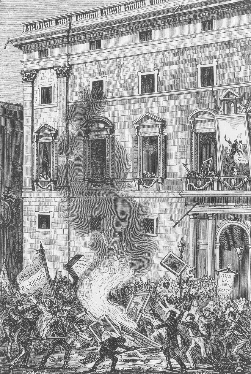 People of Barcelona Burning Portraits of the Bourbons, 1868 (gravering) af Spanish School