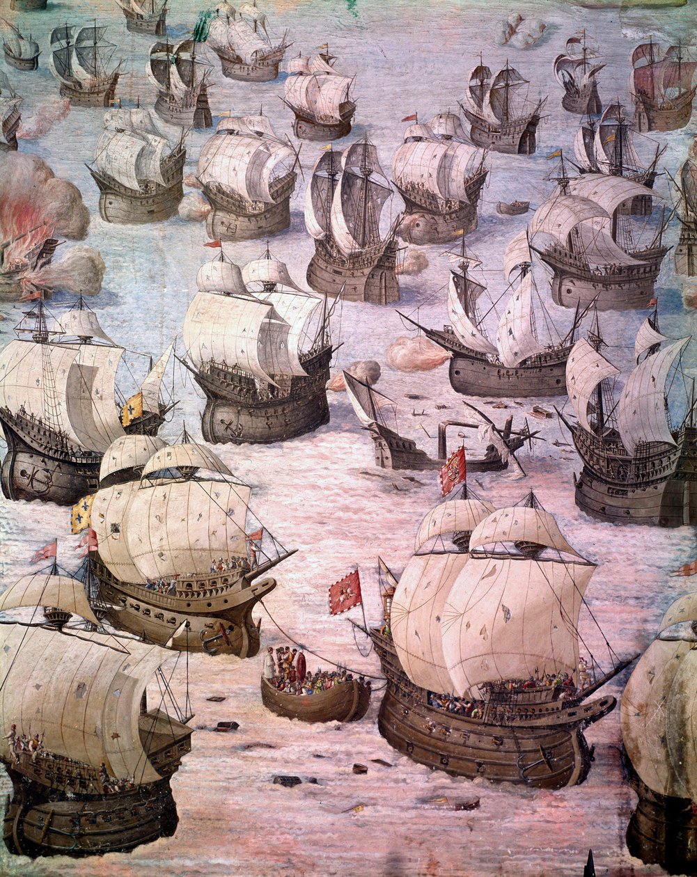 Regatta af spanske galeoner under en ekspedition til Acores i 1582 under Filip II (1527-1598), konge af Spanien. Fresko fra det 16. århundrede. Hall of Battles, Palace of the Escorial, Madrid. af Spanish School
