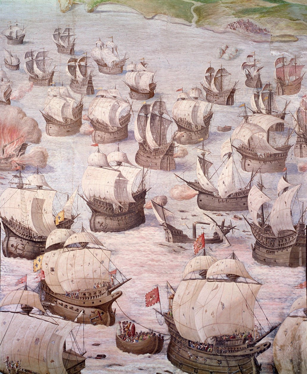 Regatta af spanske galeoner under en ekspedition til Acores i 1582 under Filip II (1527-1598), konge af Spanien. Fresko fra det 16. århundrede. Hall of Battles, Palace of the Escorial, Madrid. af Spanish School