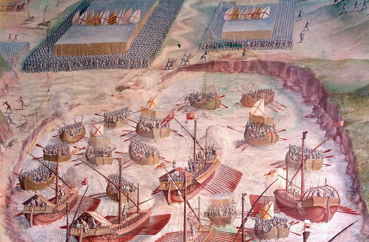Regatta af spanske galeoner under en ekspedition til Acores i 1582 under Filip II (1527-1598), konge af Spanien. Fresko fra det 16. århundrede. Hall of Battles, Palace of the Escorial, Madrid. af Spanish School