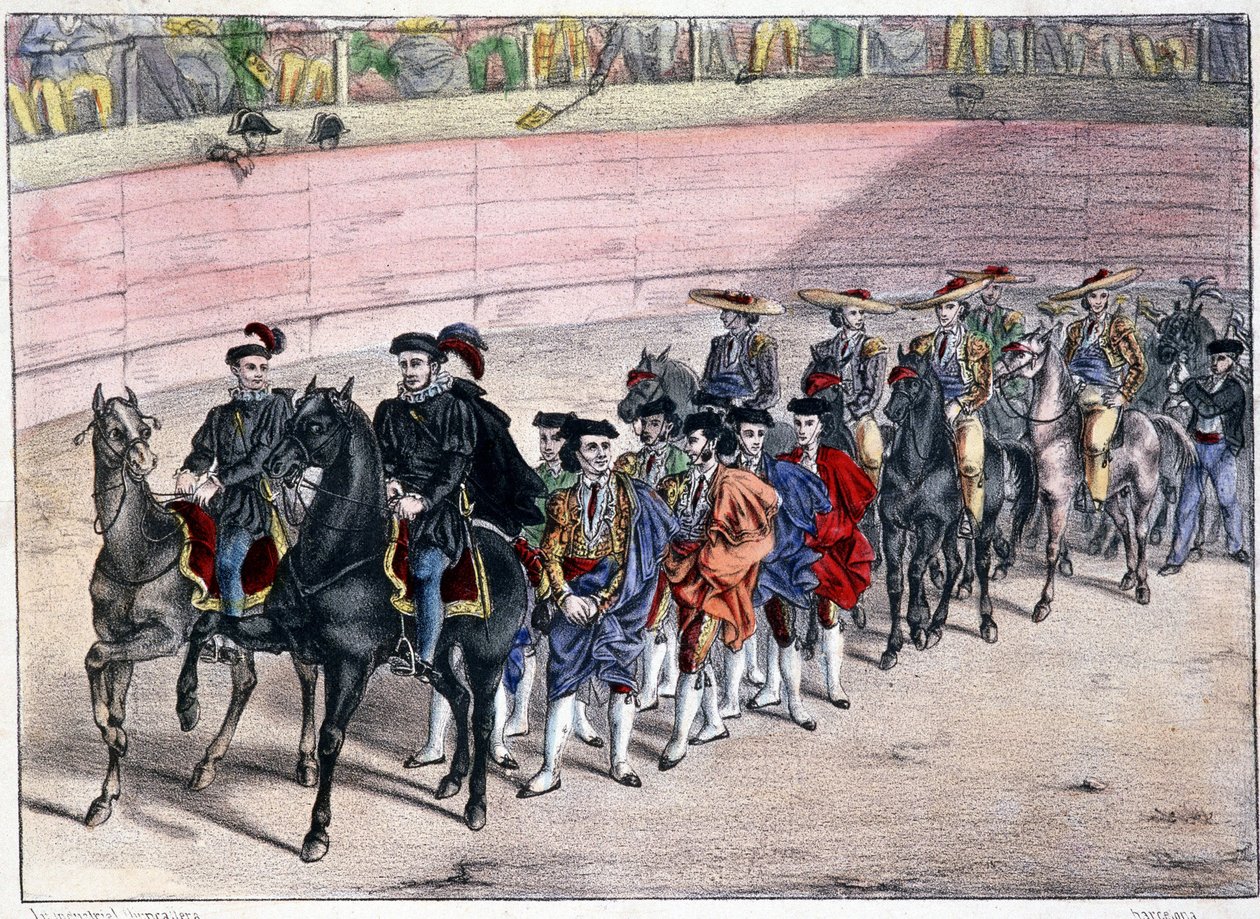 Frigivelse af kvadrille, corrida i Spanien, litografi sd. 19. århundrede af Spanish School
