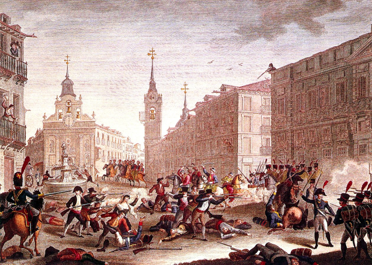 Optøjer mod Napoleons tropper, Madrid, maj 1808 (farvestik) af Spanish School