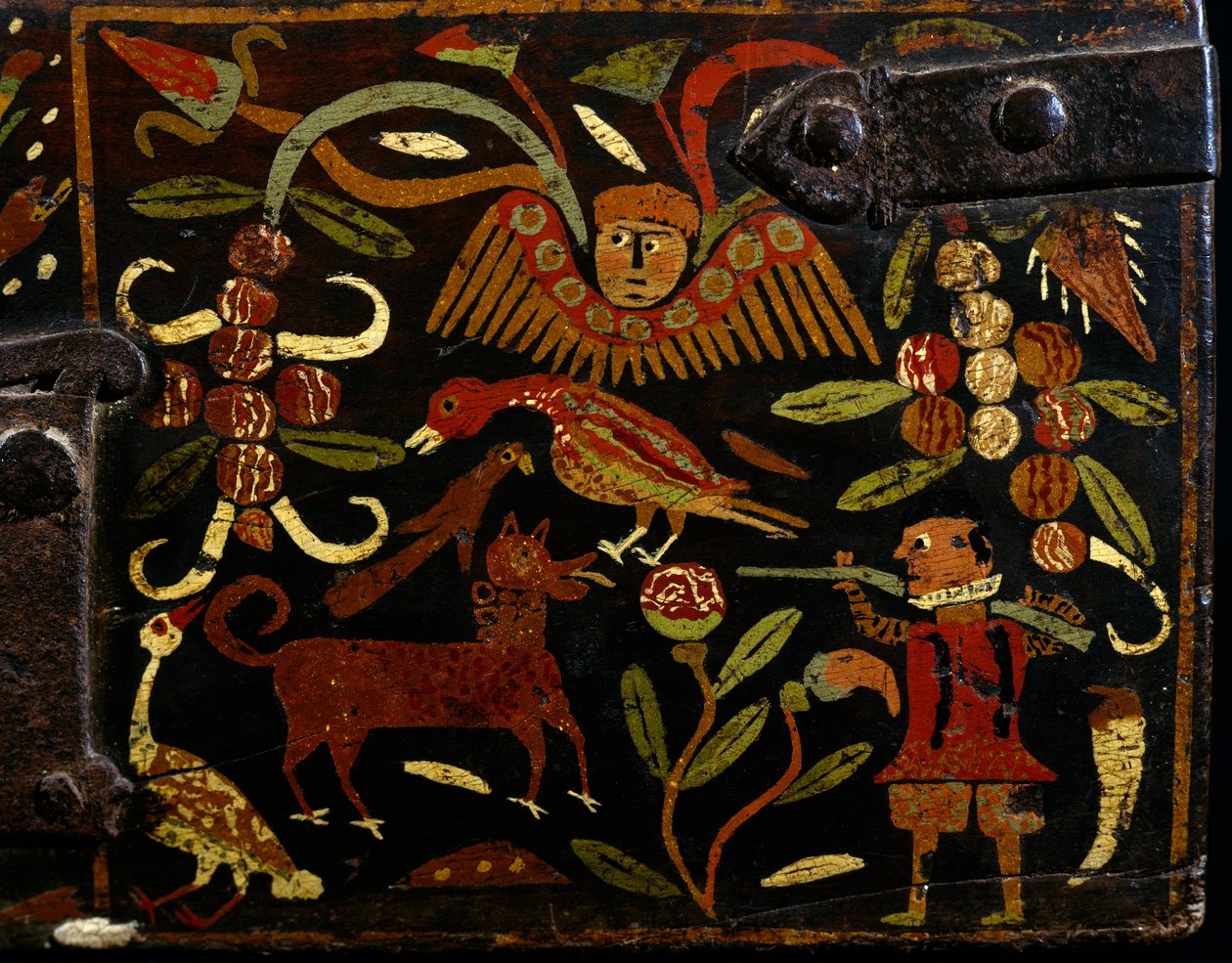 Scene, der afbilder spansk jæger og indiske motiver, detaljer fra malet træstamme, kolonialtid, spansk oprindelse, Bolivia af Spanish School