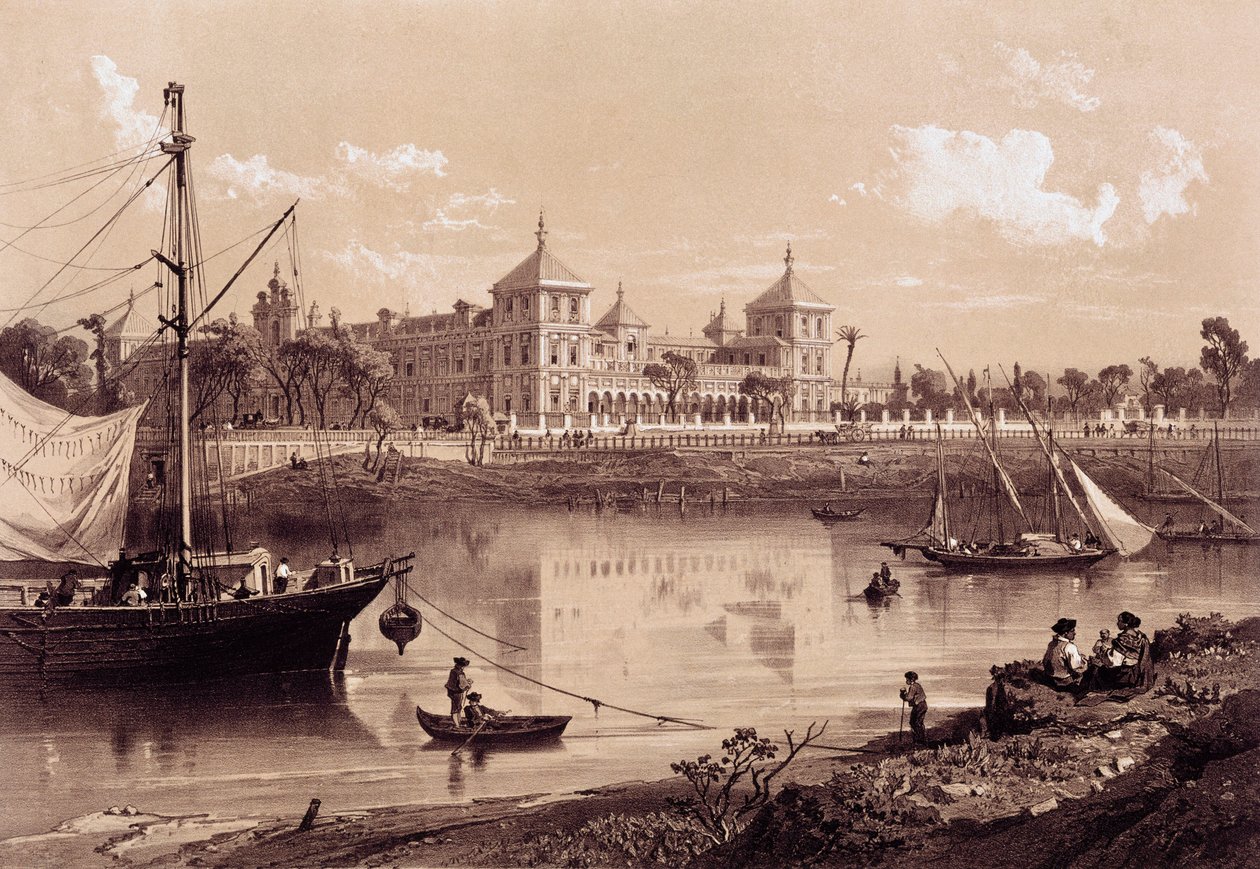 Sevilla, San Telmo Palace på bredden af Guadalquivir-floden. Andalusien, Spanien (1800-tallet). Madrid, Nationalbiblioteket. af Spanish School