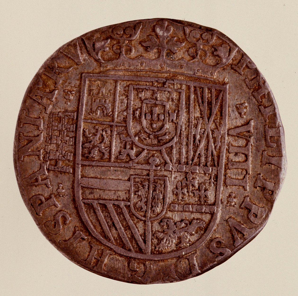 Sølvmønt (8 reales) fra Spanien: Filips (Filippo eller Philippe) II (1556-1598) regeringstid. 1589 Diam. 3,5 cm Napoli, museo archeologico af Spanish School