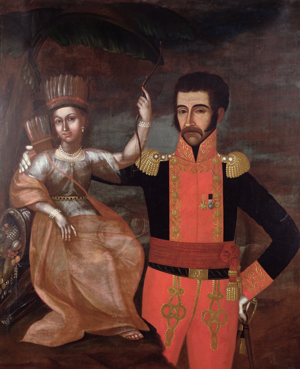 Simon Bolivar (1783-1830) og en indianerkvinde af Spanish School