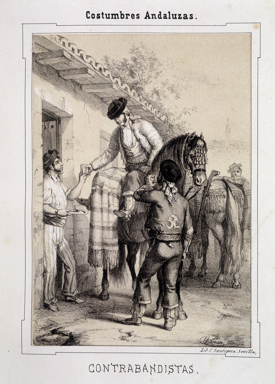Smuglere, "" Andalusiske kostumer"" af D Antonio Chaman af Spanish School