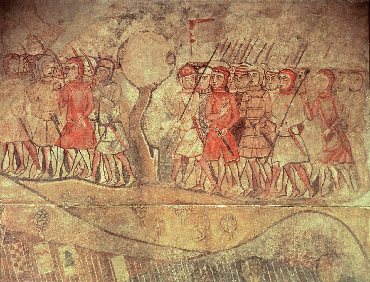 Soldater fra hæren af kong James I (1208-76) en gruppe fodsoldater med buer og lanser, detaljer fra et vægmaleri fra det tidligere Palacio Reale, Barcelona (vægmaleri) af Spanish School