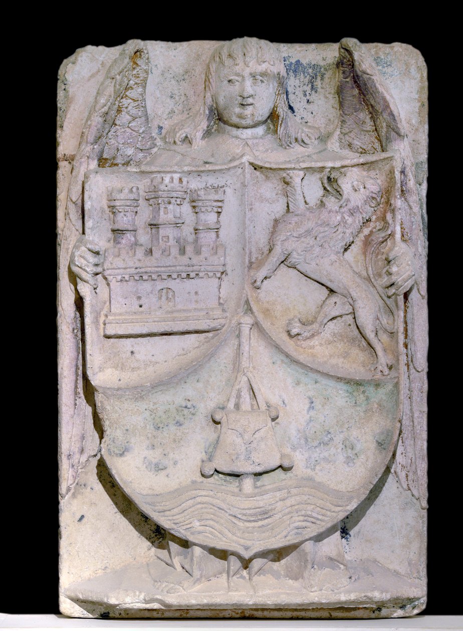 Spansk patch fra det 14. århundrede: Castilla-Leóns våbenskjold, stokken af pelerin evoque Saint Jacques de Compostela, bevaret i cistercienserklosteret Fontenay, Bourgogne (Castilla-Leóns våbenskjold, Spanien af Spanish School