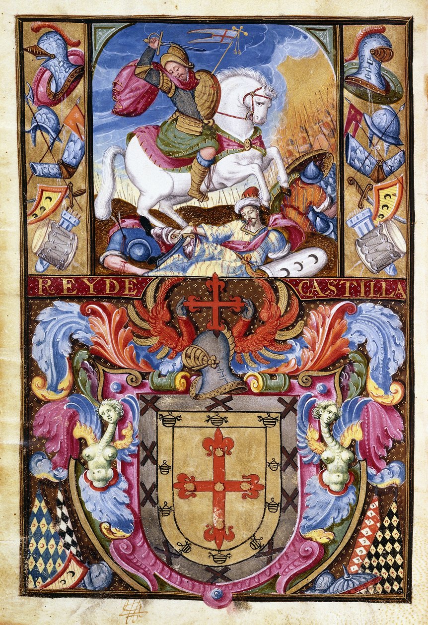 St.James på en hvid hest rider over maurernes lig og våbenskjoldet af familien Gomez, 1606 af Spanish School