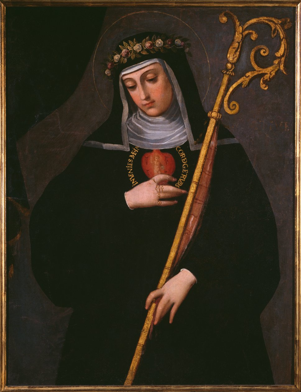 St. Gertrude den Store bærer Jesu hellige hjerte af Spanish School