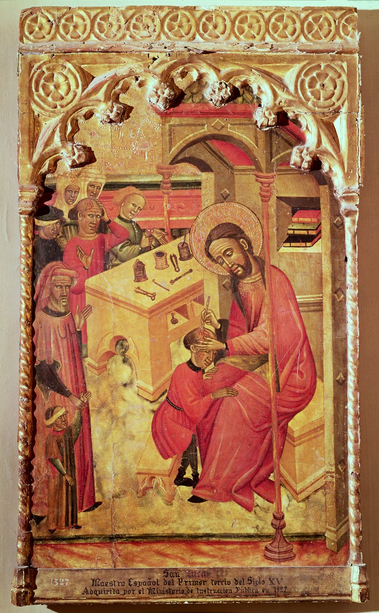 St. Luke opererer på en mands hoved, ca. 1400-30 af Spanish School
