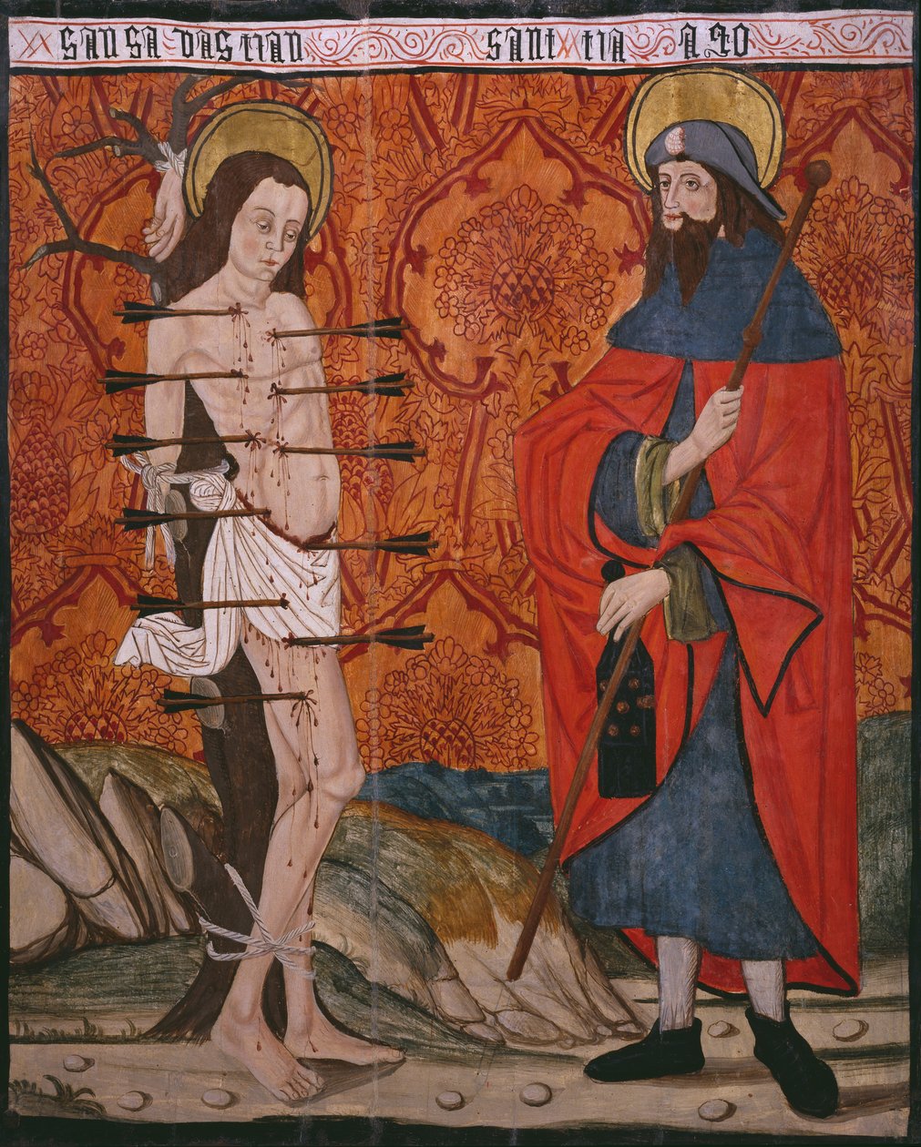 St. Sebastian og St. James den Store, panel fra kirken San Andres of Tortura, slutningen af det 15. århundrede-begyndelsen af det 16. århundrede (malet træ) (se også 345849) af Spanish School
