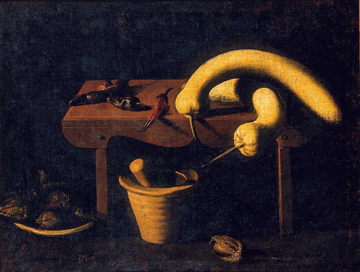 Stilleben med peberfrugt og græskar på en bænk med morter og støder og døde fugle, ca. 1620 (olie på lærred) af Spanish School