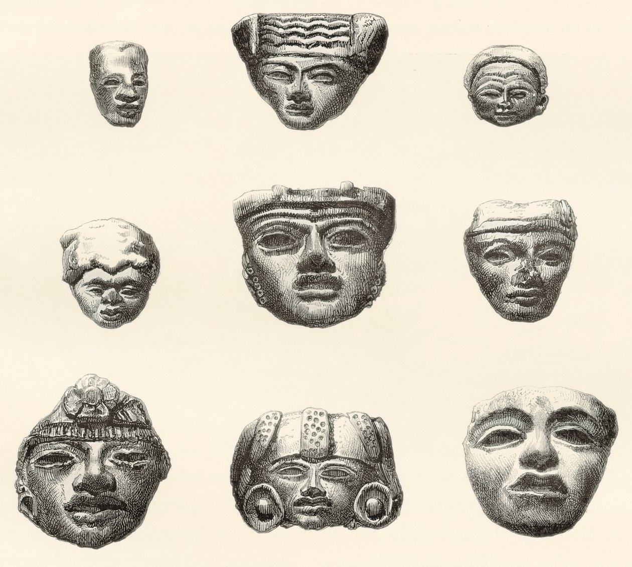 Stenhoveder og masker fundet i Teotihuacan, Mexico af Desiré Charnay under hans ekspedition i 18801883 af Spanish School