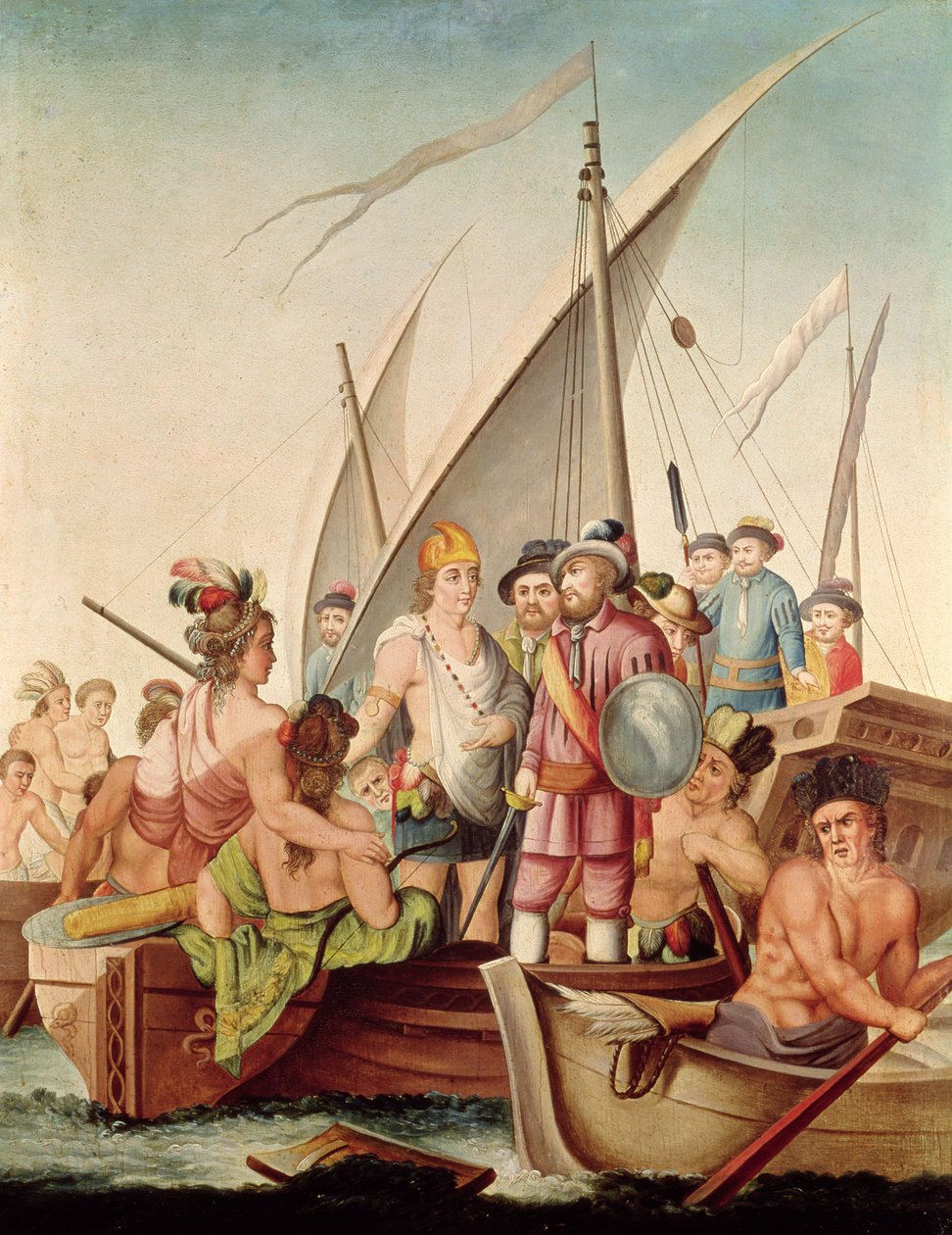 Hernando Cortes (1485-1547) ankomst til Mexico af Spanish School