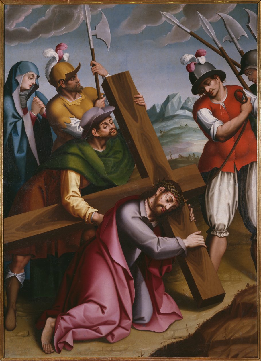 Bæringen af korset, Simon af Kyrene hjælper Jesus af Spanish School