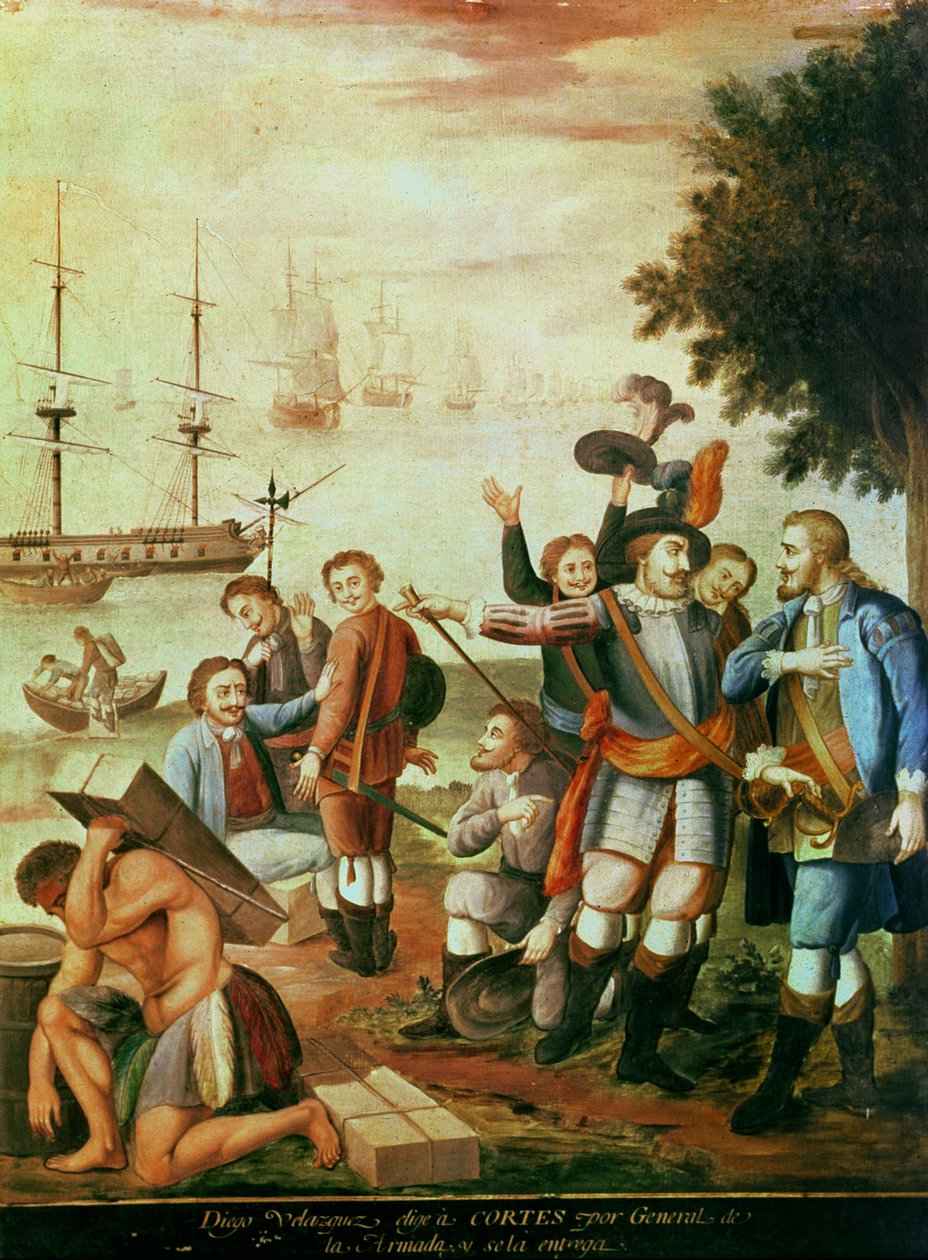 Erobringen af Mexico: Diego Velasquez de Cuellar (1465-1524) vælger Hernando Cortes (1485-1547) som general for Armadaen og giver ham kommandoen (olie på lærred) af Spanish School