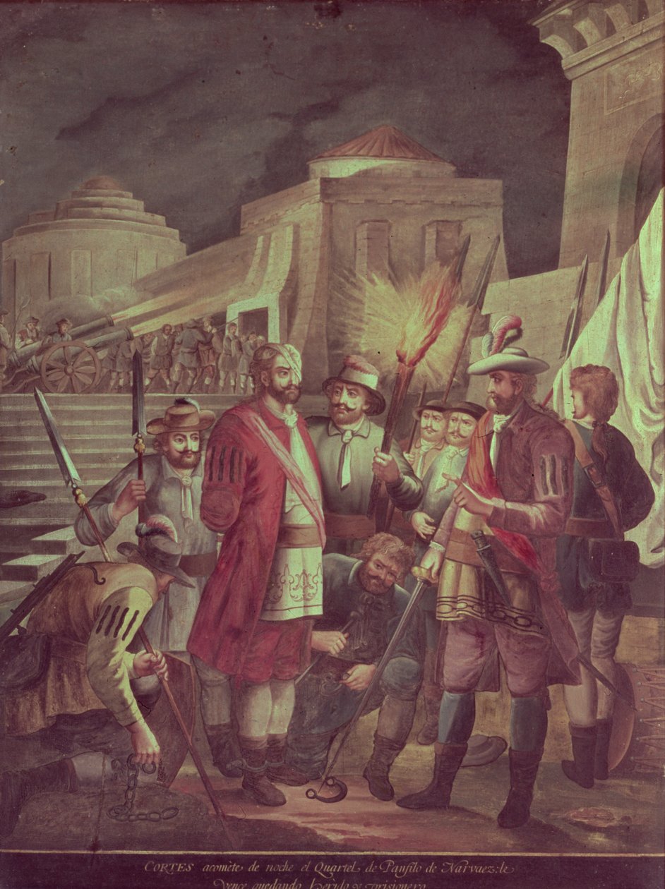 Erobringen af Mexico: Hernando Cortes (1485-1547) angriber distriktet Panfilo Narvaez om natten (olie på lærred) af Spanish School