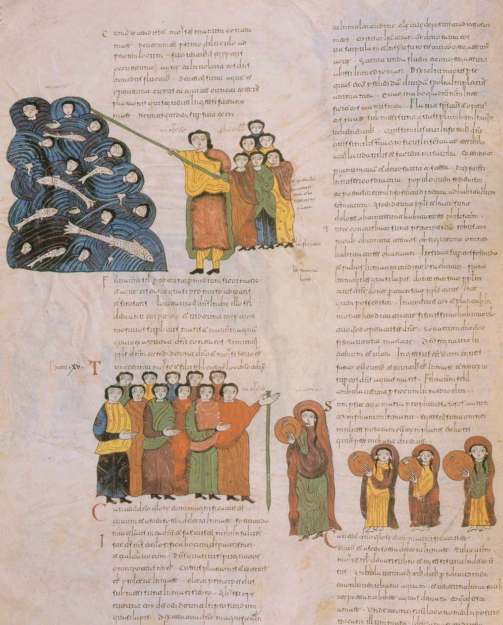 Krydset af Det Røde Hav og de hebraiske kvinders dans til lyden af Moses og hans akkompagnatørers tamburiner, fra St. Isidores visigotisk-mozarabiske bibel, fol. 39., A.D. 960 (tem. af Spanish School