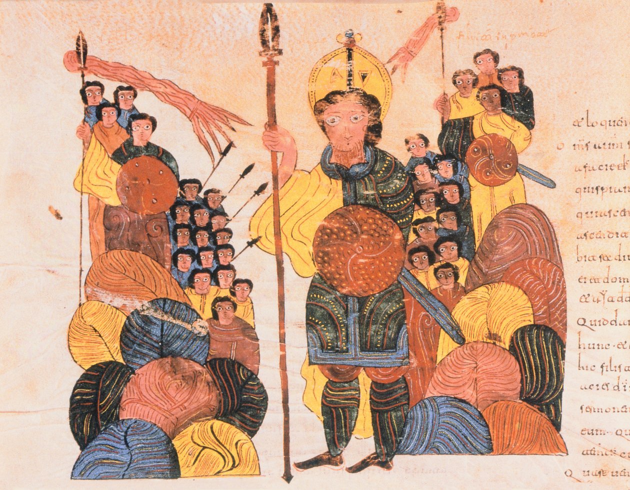 The Defeat of Goliath, fra den visigotisk-mozarabiske bibel af St. Isidores, fol.118v., AD 960 (tempera på vellum) af Spanish School