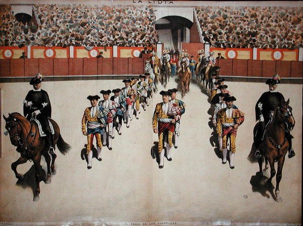Toreadorernes indtog med deres Quadrille i Arenaen, ca. 1885 (farve litho) af Spanish School
