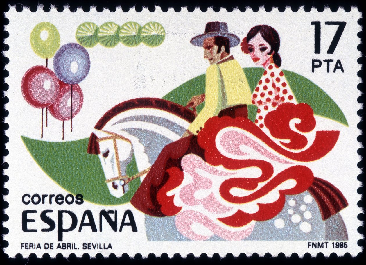 The Feria of Sevilla: par i folkedragt til hest - spansk frimærke af Spanish School