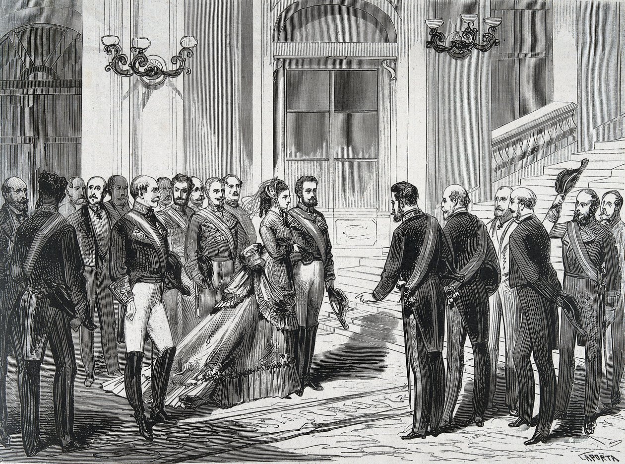 Kongen af Spanien Amedee I (Amedeo Ferdinando Maria di Savoia) (1845-1890) og hans hustru Queen Mary Victory dal Pozzo della Cisterna (1847-1876) ved deres ankomst til det kongelige palads i Madrid den 19/03/1871. Gravering fra ""La Ilustracion Espanola y  af Spanish School