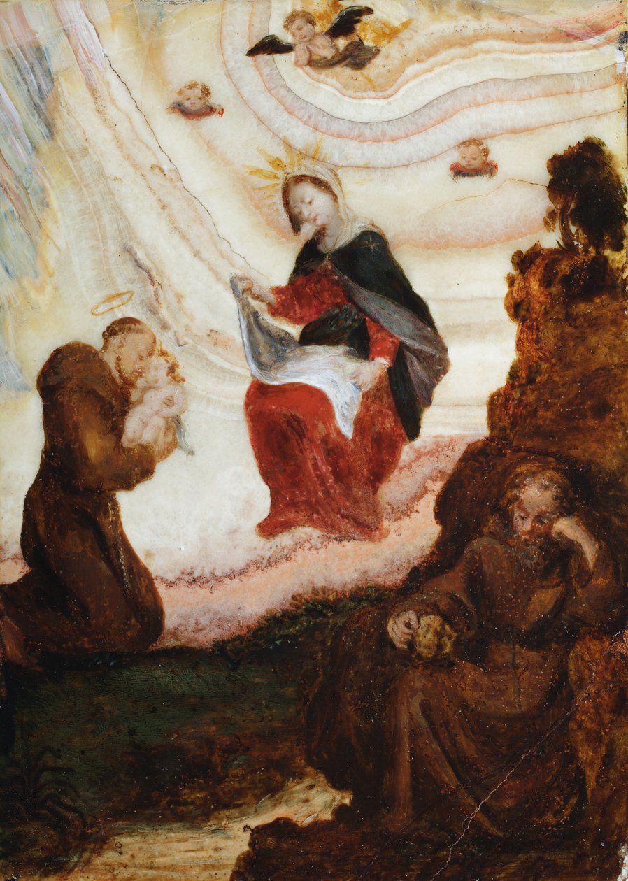 Madonna og barnet viser sig for den hellige Frans (olie) af Spanish School
