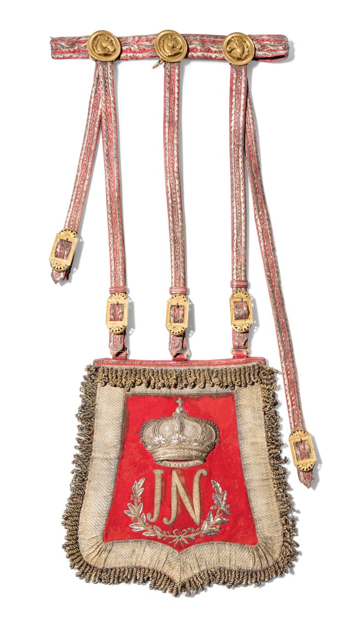 Joseph-Napoleon Bonapartes sabretache, konge af Spanien, før 1813 (rødt marokkansk læder med broderet guldværk og beslag af forgyldt messing) af Spanish School