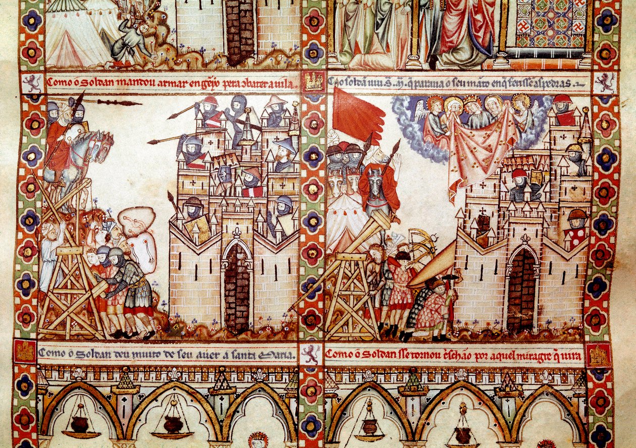 Saracenerne belejrede en kristen by. Detalje fra én side taget fra et manuskript af Sangen om Sankt Maria (Cantigas de Santa Maria), udsmykning af miniaturer dedikeret til Sankt Maria og hendes mirakler, en samling af sange genopbygget under Alfons rege af Spanish School