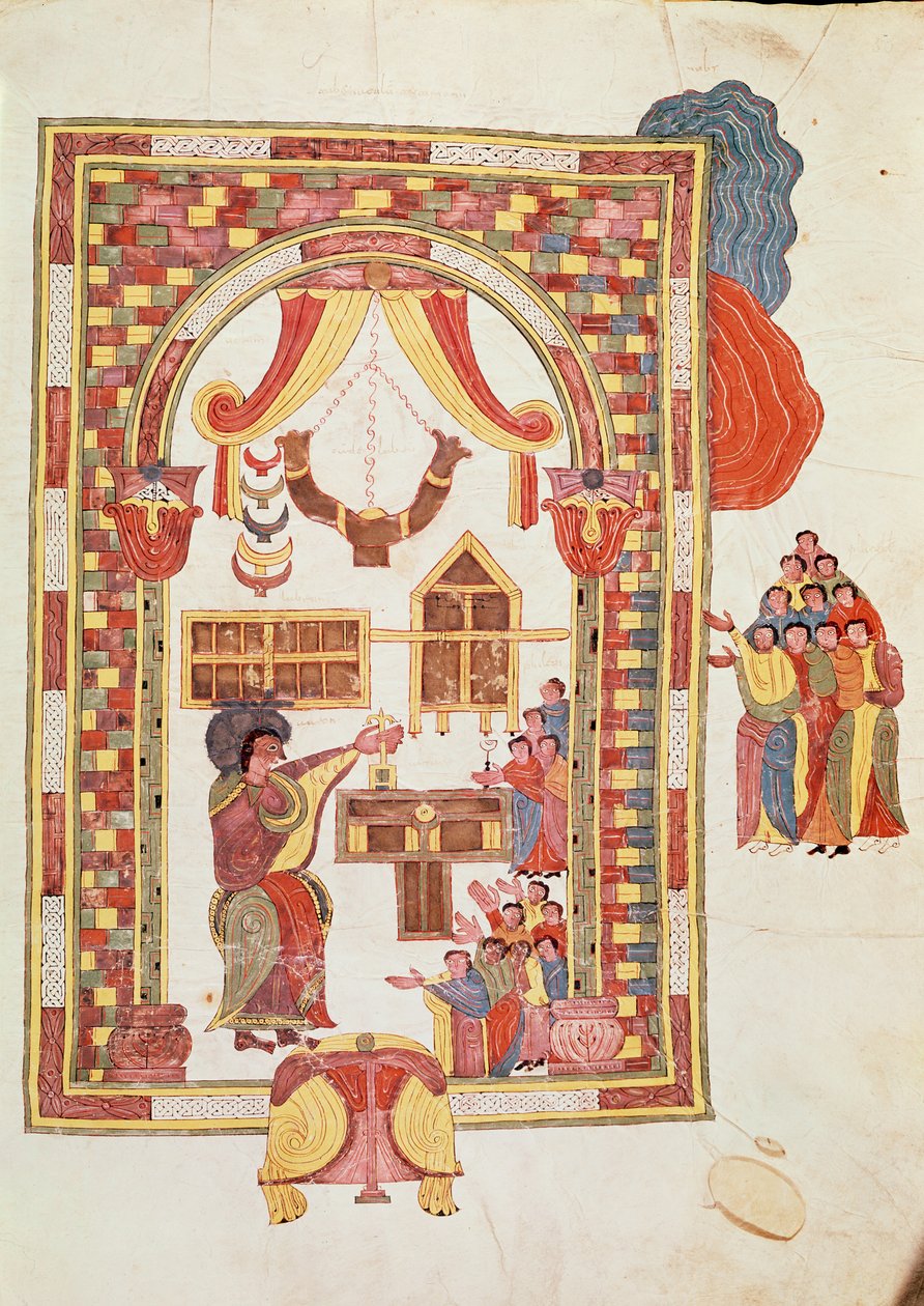 Jerusalems tempel, fra den visigotisk-mozarabiske bibel fra St. Isidores, fol.50r., 960 e.Kr. (tempera på vellum) af Spanish School
