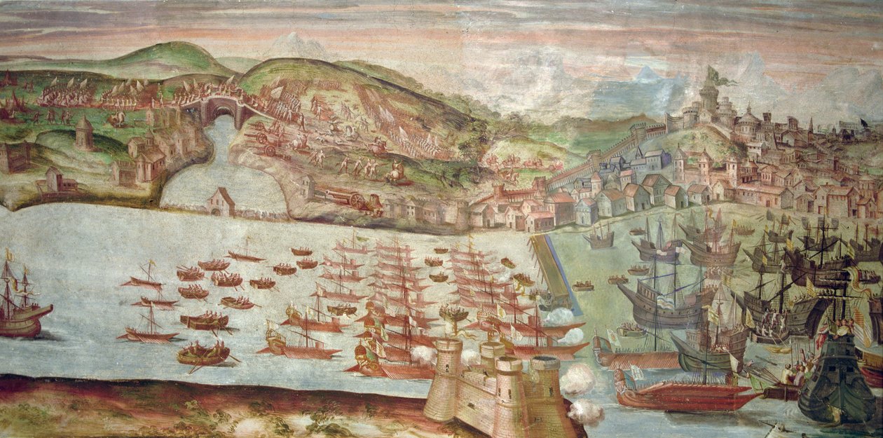 Flådens indtog i Lissabon, en scene fra den maritime kampagne mod Portugal udført af Alvaro de Bazan, under Filip II af Spaniens regeringstid (fresko) af Spanish School