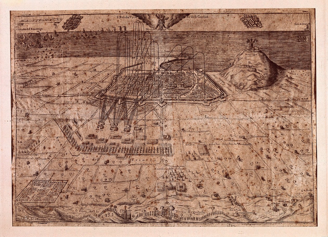 Ophævelsen af Catalonien eller høstmændenes krig (1640-1659), Barcelonas hovedkvarter til søs og til lands af Filip IV af Spaniens tropper (1605-1665). Stik 1652. Byhistorisk Museum, Barcelona. af Spanish School