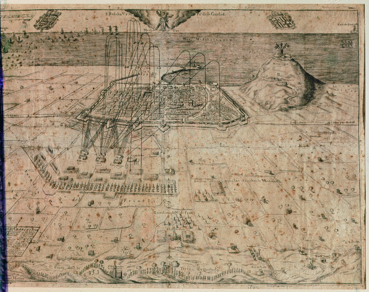 Belejringen af byen Barcelona af tropper fra kong Filip IV under høsternes krig 1640-52 (gravering) af Spanish School