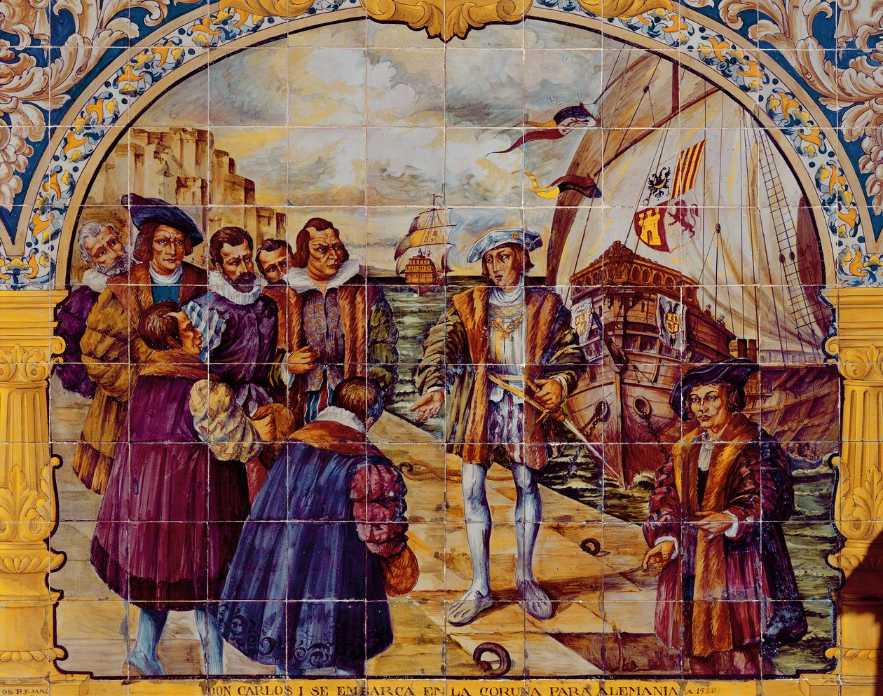 Fliser, der forestiller kong Charles I af Spanien, der forbereder sig på at gå om bord i 1520 fra havnen i La Coruna for at acceptere hans valg som hellig romersk kejser (keramik) af Spanish School