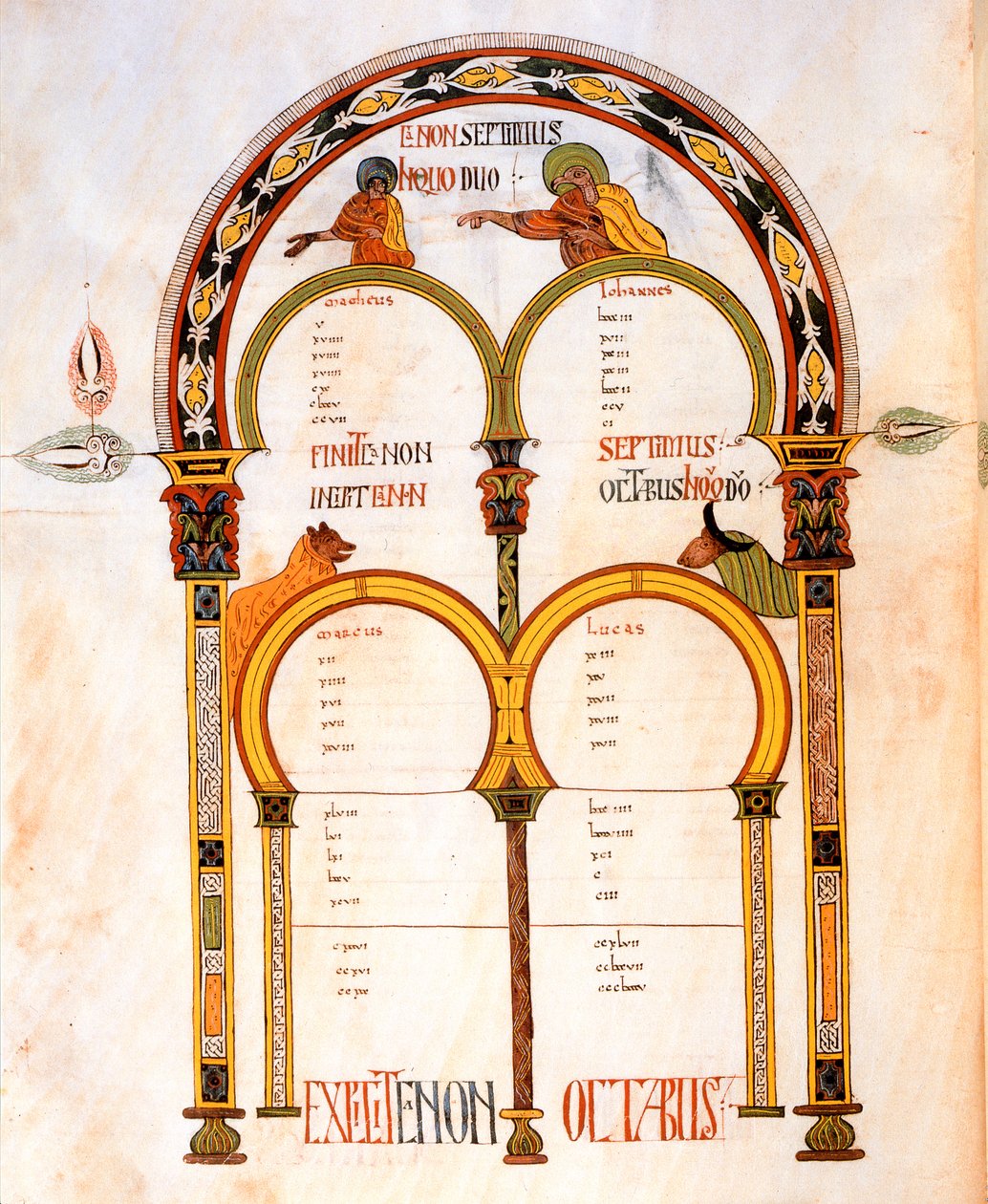 Titelblad til Mattæus-, Markus-, Lukas- og Johannesevangeliet, fra den visigotisk-mozarabiske bibel fra St. Isidores, fol.402v., 960 e.Kr. (tempera på vellum) af Spanish School