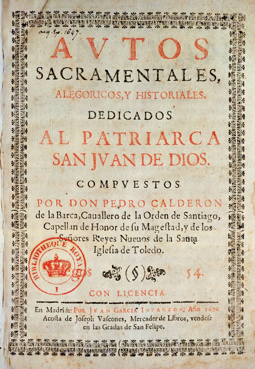 Titelside fra Los Autos Sacramentales af Pedro Calderon de la Barca (1600-81) redigeret af Juan Garcia Infanzon, 1690 (trykt papir) af Spanish School