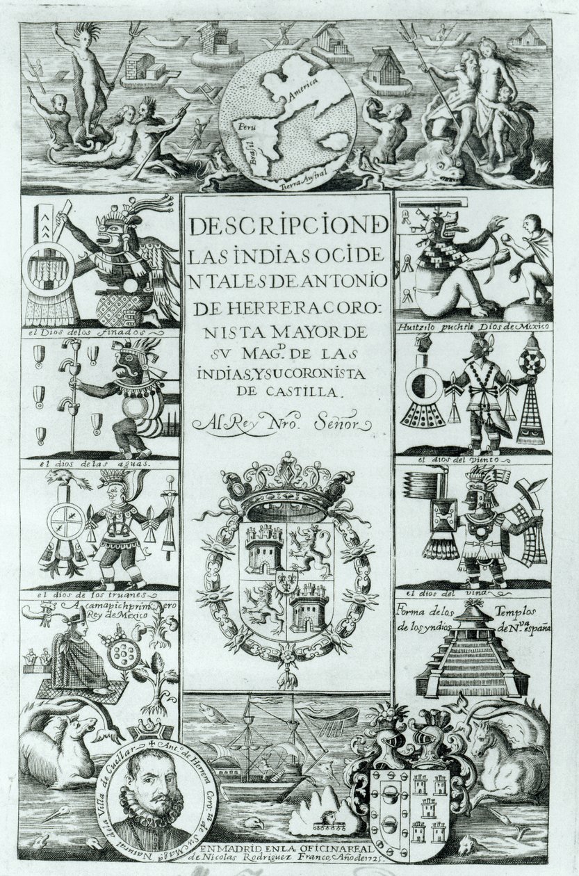 Titelside på Beskrivelse af Vestindien af ​​Antonio de Herrera y Tordesillas, Madrid-udgaven, 1725 af Spanish School