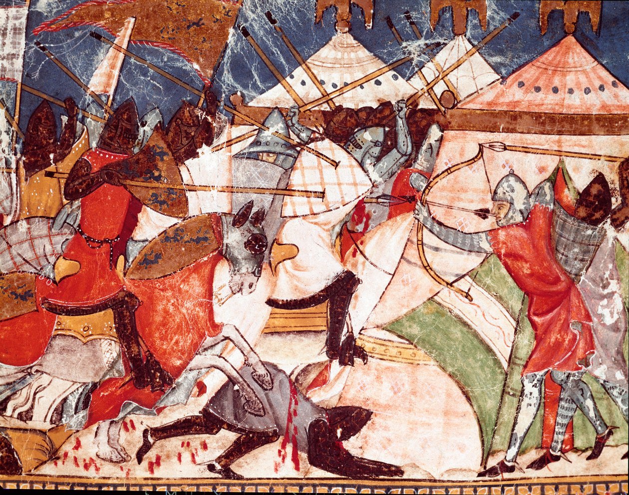 Trojanske krig: Trojanere invaderer græske krigeres militærlejr. Detalje af en miniature fra det spanske manuskript "Codex Benito de Santa Mora"" af Spanish School