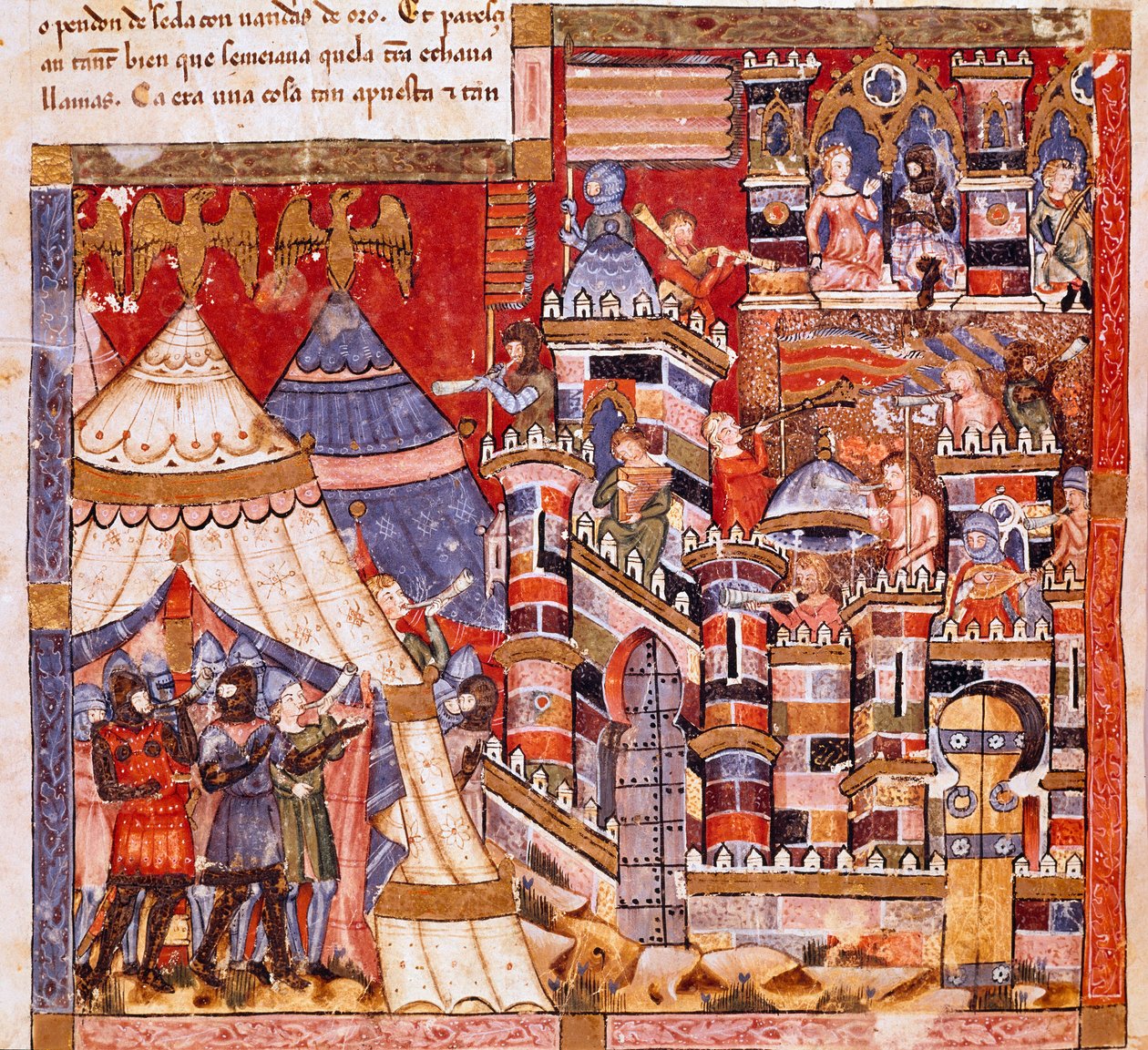 Trojanske krig: byen Troja og den græske lejr. Detalje af en miniature fra det spanske manuskript "Codex Benito de Santa Mora"" af Spanish School