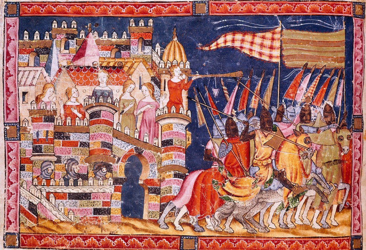Trojan War: byen Troja og den trojanske hær på vej til kamp. Detalje af en miniature fra det spanske manuskript "Codex Benito de Santa Mora"" af Spanish School