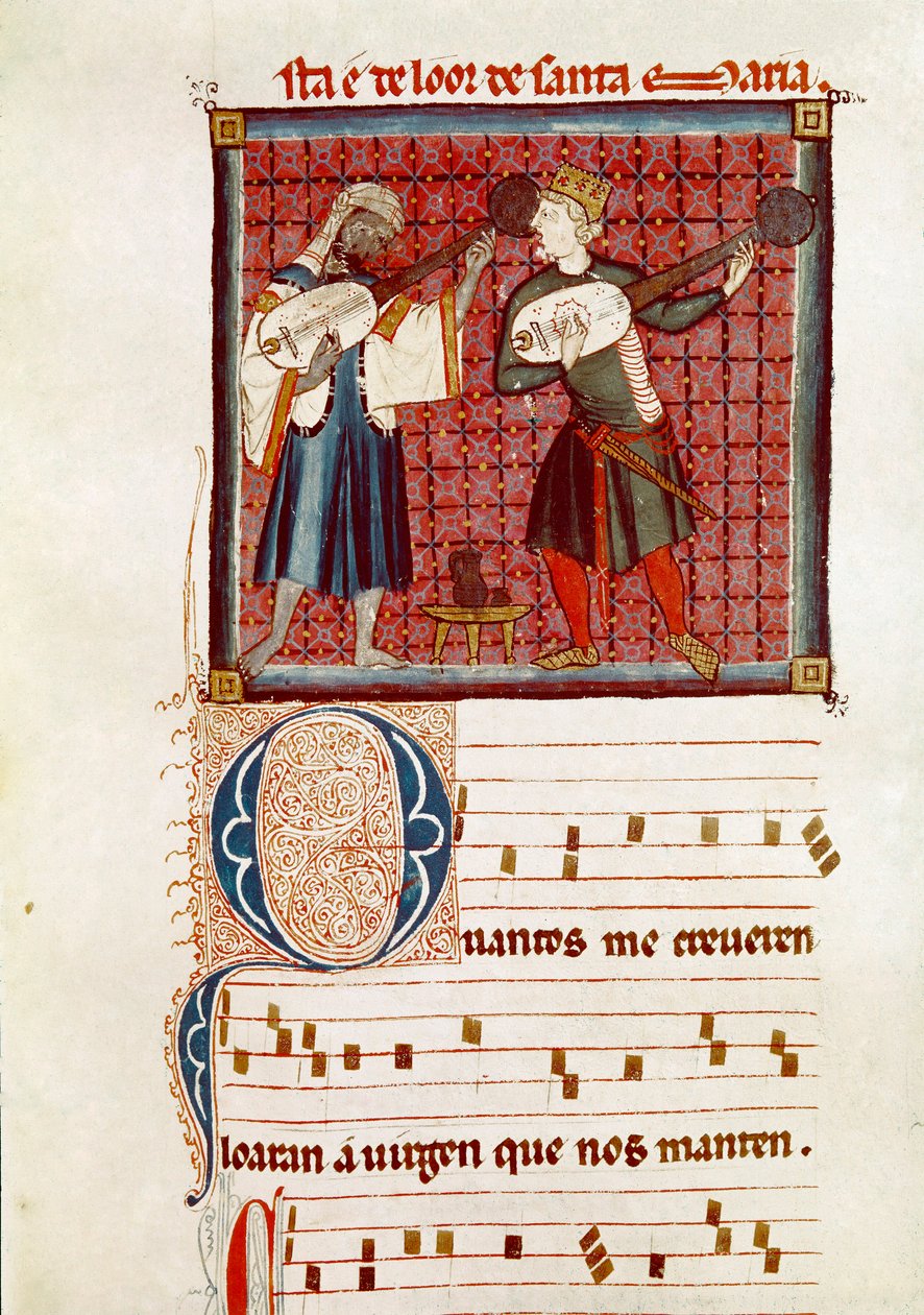 Two musicians, one Moorish and the other is Spanish Christian Detail of one page taken from a manuscript of the Song of Saint Marydani af Spanish School