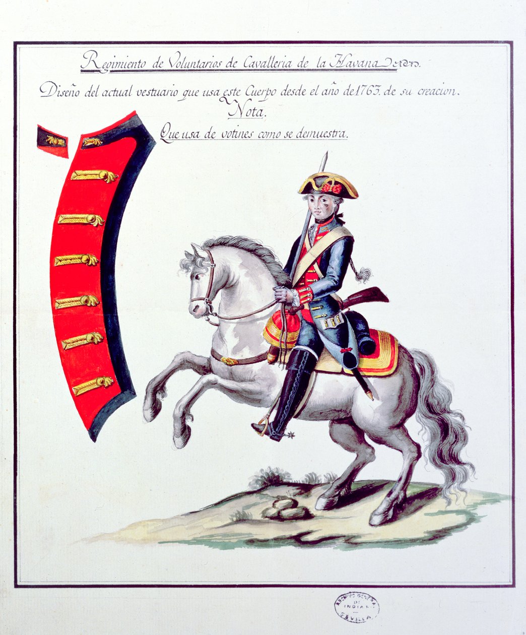 Uniform for de frivillige fra Havana-kavaleriregimentet, 1763 (tryk) af Spanish School